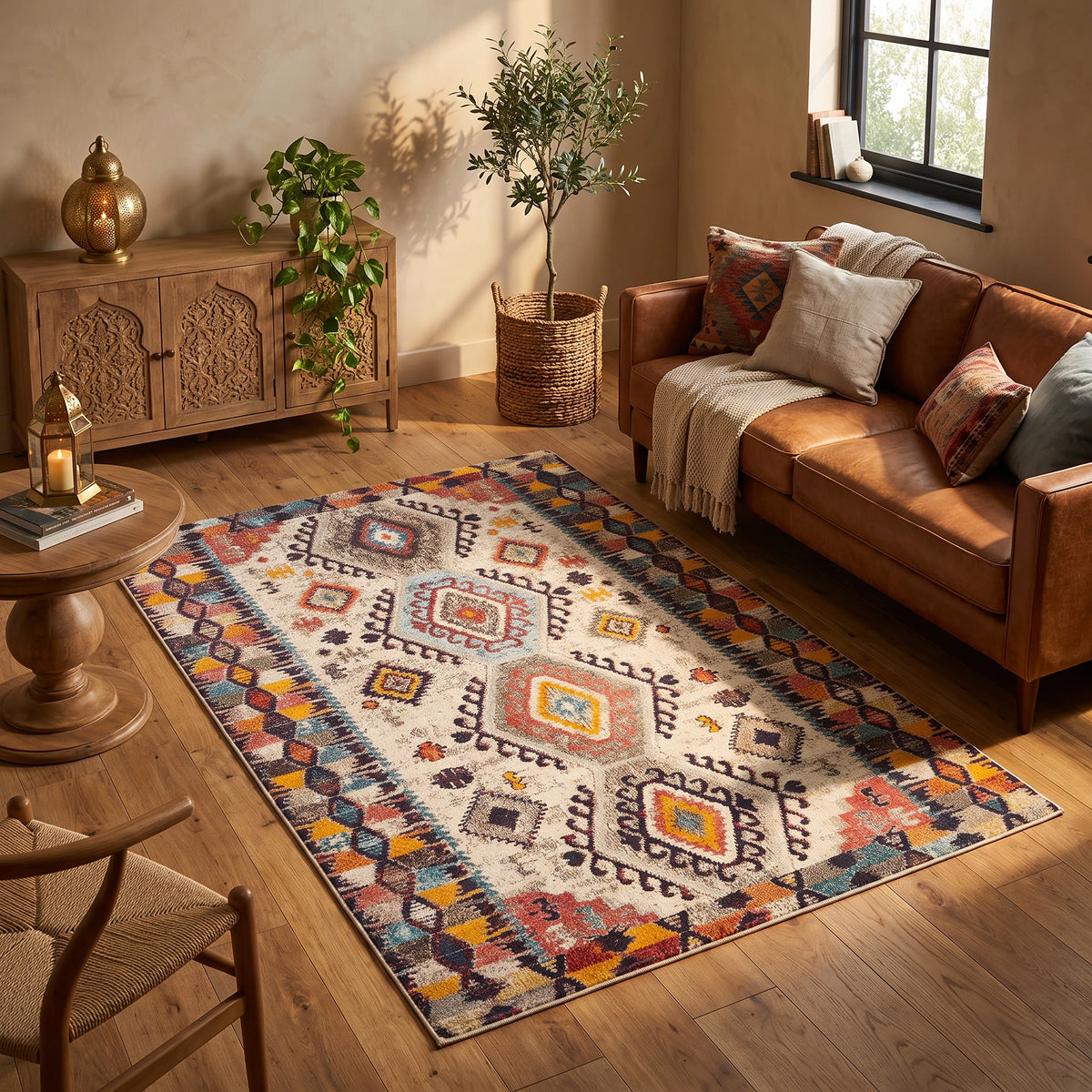 Alfombra de terciopelo con motivos tribales en crema, terracota, mostaza y gris, en un living cálido con sofá de cuero coñac, aparador de madera tallada y luz de tarde