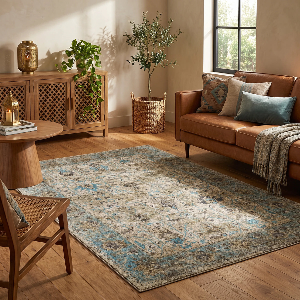 Alfombra de terciopelo con diseño persa vintage en beige con toques aguamarina, en un living cálido con sofá de cuero coñac, aparador de madera tallada y luz de tarde