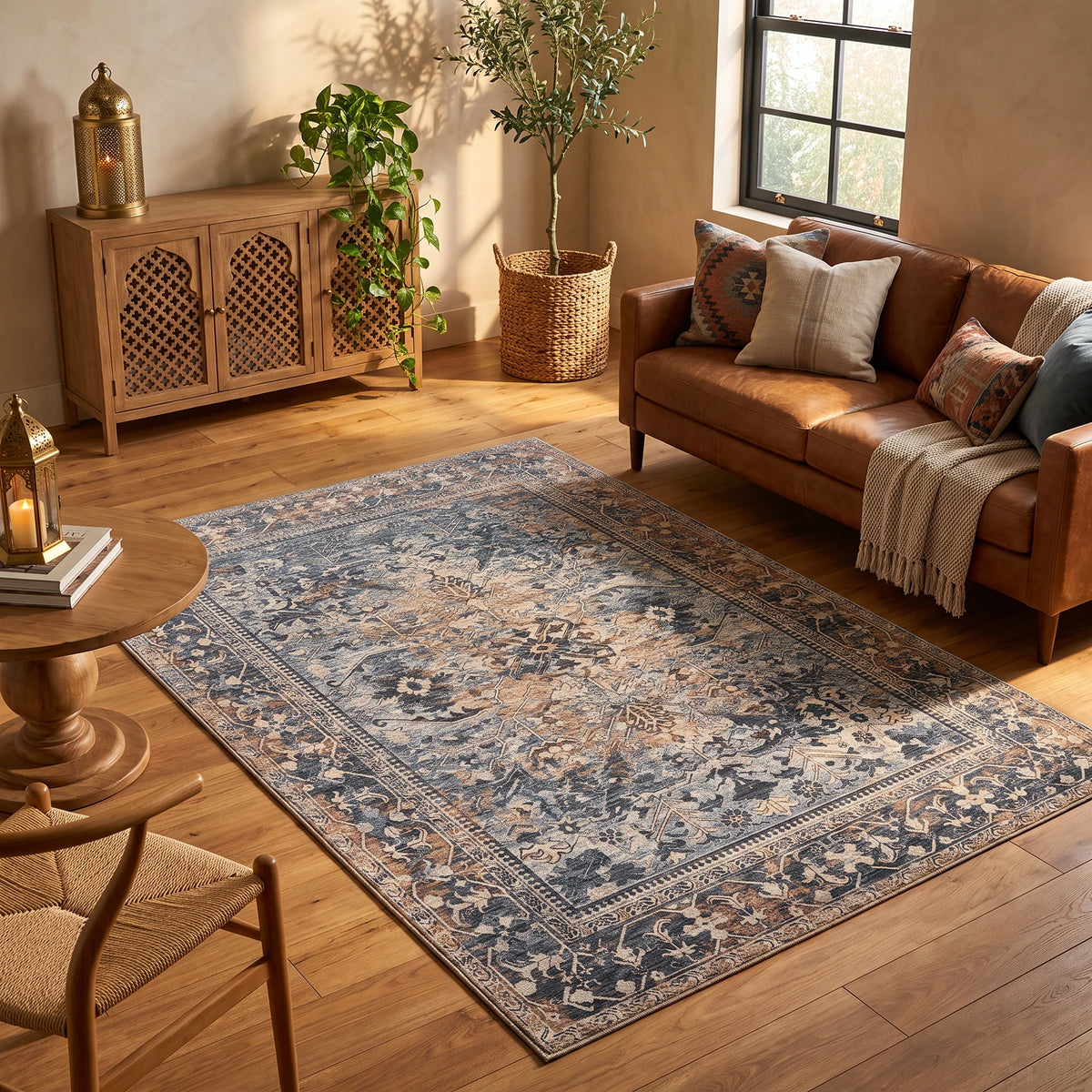 Alfombra de terciopelo con diseño persa vintage en azul grisáceo, beige y gris, en un living cálido con sofá de cuero coñac, aparador de madera tallada y luz de tarde