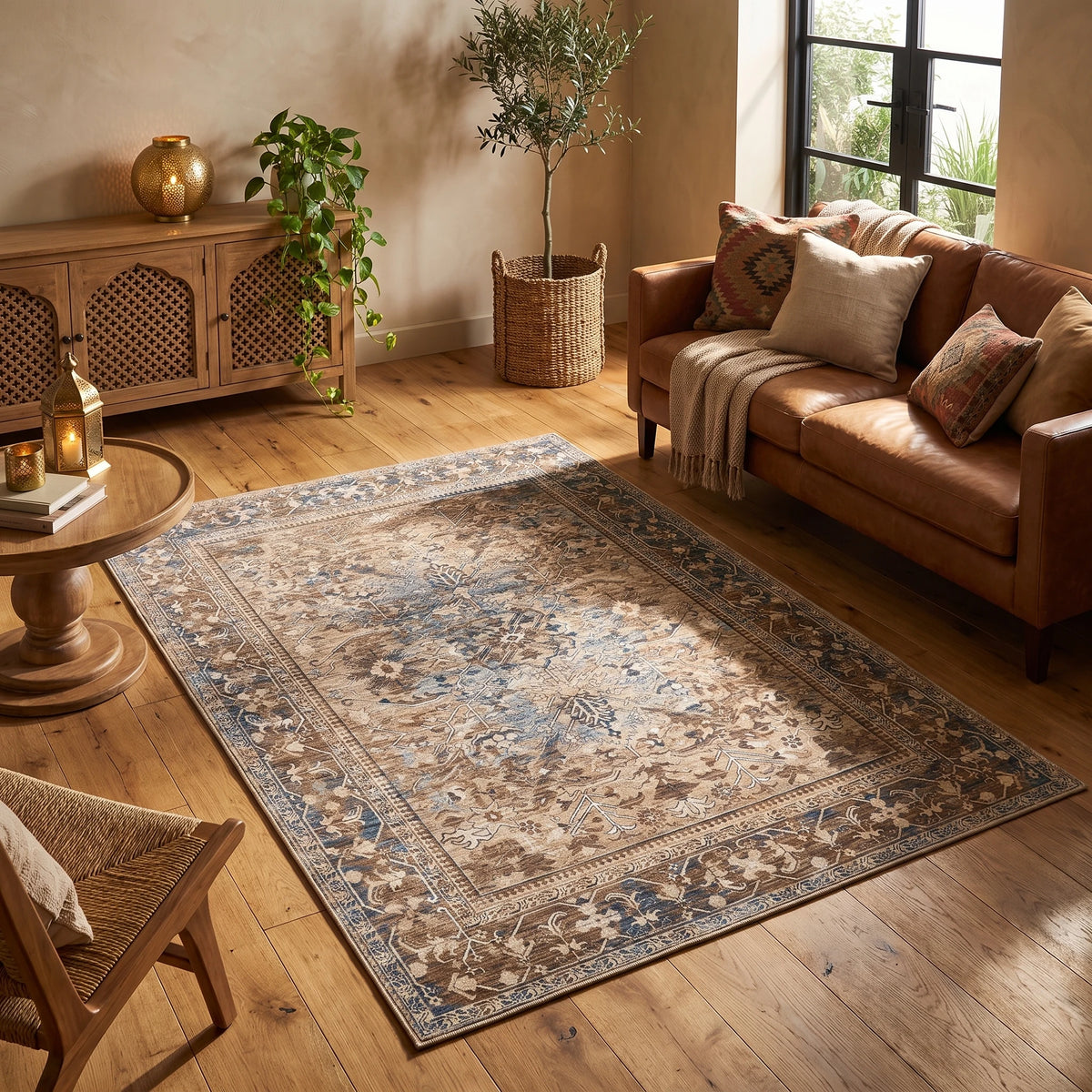 Alfombra de terciopelo con diseño persa vintage en beige con guarda gris azulada, en un living cálido con sofá de cuero coñac, aparador de madera tallada y luz de tarde