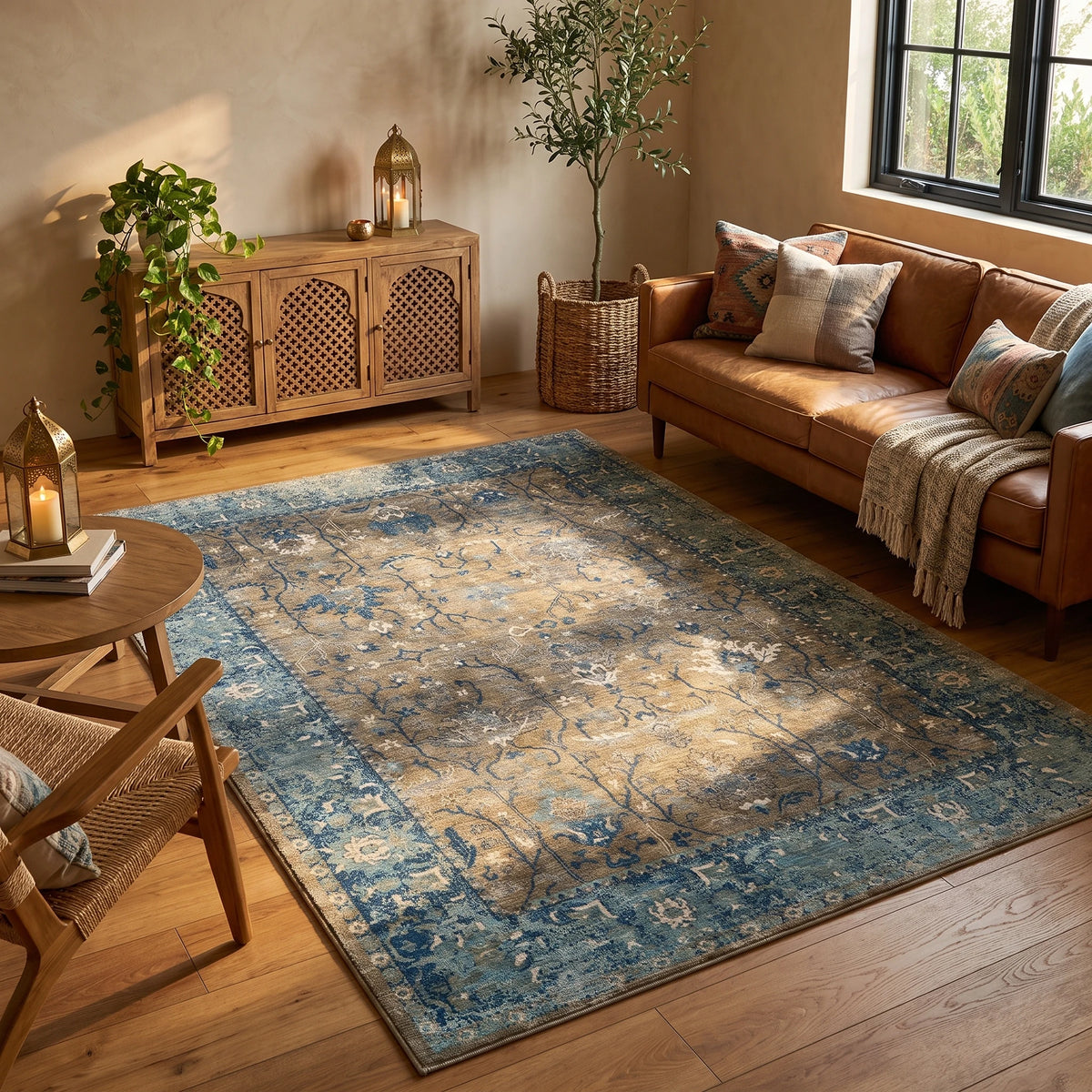 Alfombra de terciopelo con diseño persa vintage en oliva con guarda azul petróleo, en un living cálido con sofá de cuero coñac, aparador de madera tallada y luz de tarde