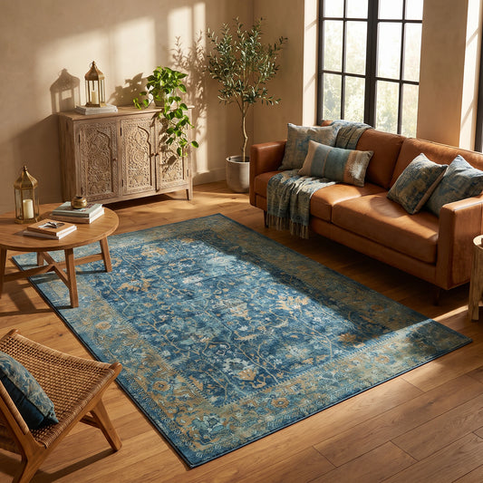 Alfombra de terciopelo con diseño persa vintage en azul y turquesa, en un living cálido con sofá de cuero coñac, aparador de madera tallada y luz de tarde