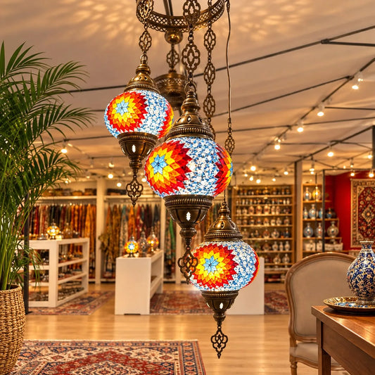 Araña de techo vitraux de 3 luces con estrella multicolor en rojo, azul y amarillo