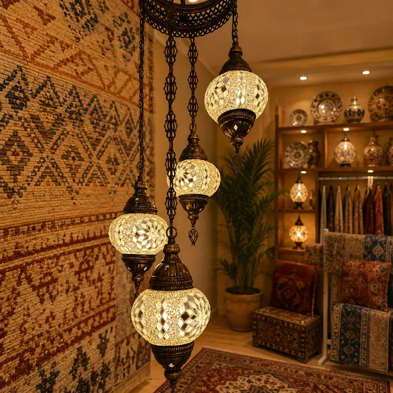 Araña de techo vitraux de 4 luces en mosaico blanco y plateado espejado