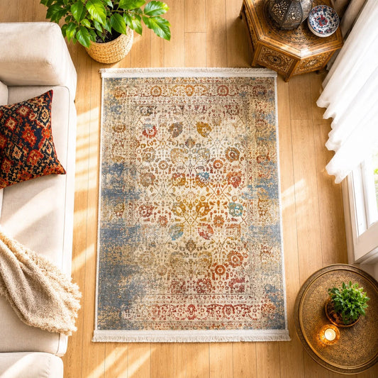 Alfombra de terciopelo flores multicolor; Alfombra de terciopelo flores multicolor con un diseño visible que aporta un acento decorativo al ambiente