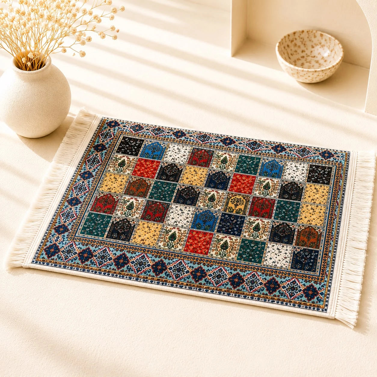 Carpeta de terciopelo mosaico multicolor; Carpeta de terciopelo mosaico multicolor con motivos textiles visibles y terminación decorativa