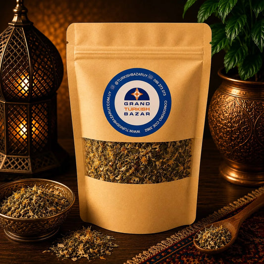 Blend de té turco Anatolia a granel en bolsa kraft con ventana, hojas e ingredientes visibles