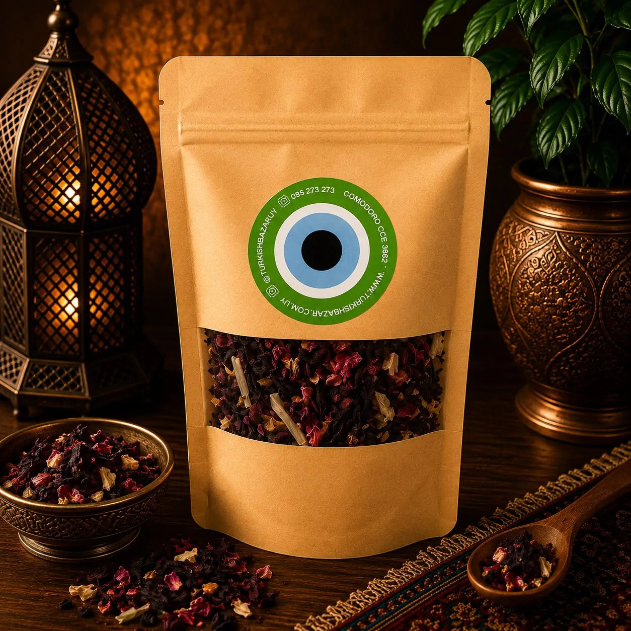 Blend de té turco Apple Tea a granel en bolsa kraft con ventana, hojas e ingredientes visibles