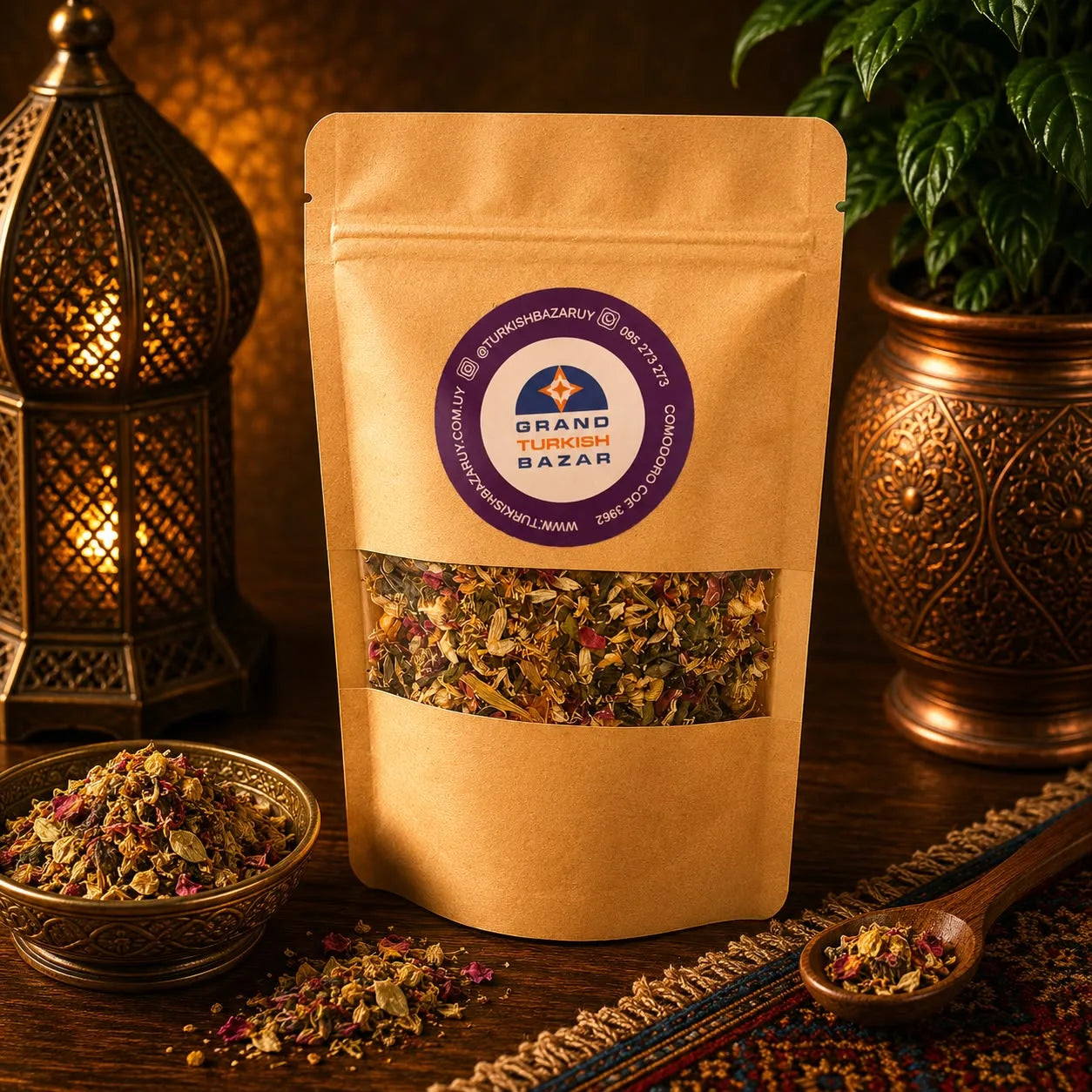Blend de té turco Atardecer a granel en bolsa kraft con ventana, hojas e ingredientes visibles