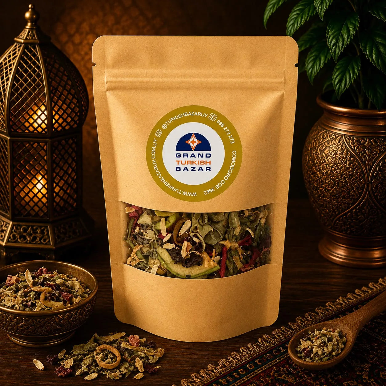 Blend de té turco Capadocia a granel en bolsa kraft con ventana, hojas e ingredientes visibles