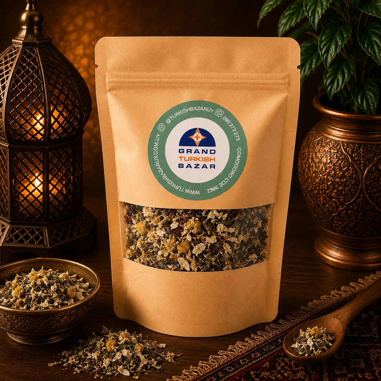 Blend de té turco Flower Calm a granel en bolsa kraft con ventana, hojas e ingredientes visibles