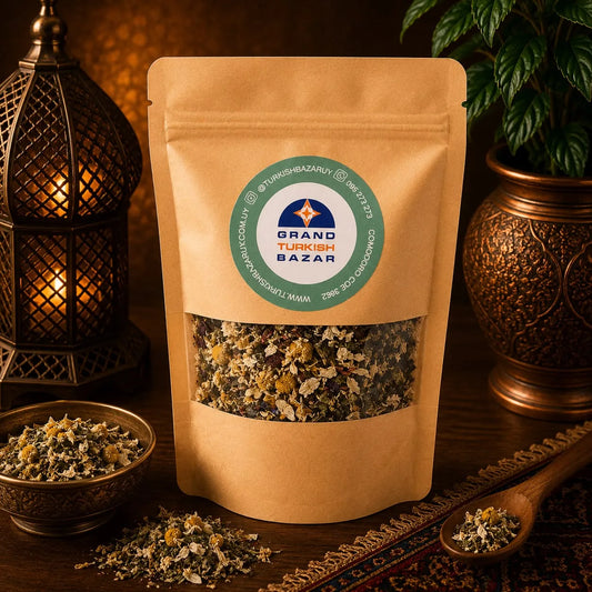 Blend de té turco Flower Calm a granel en bolsa kraft con ventana, hojas e ingredientes visibles