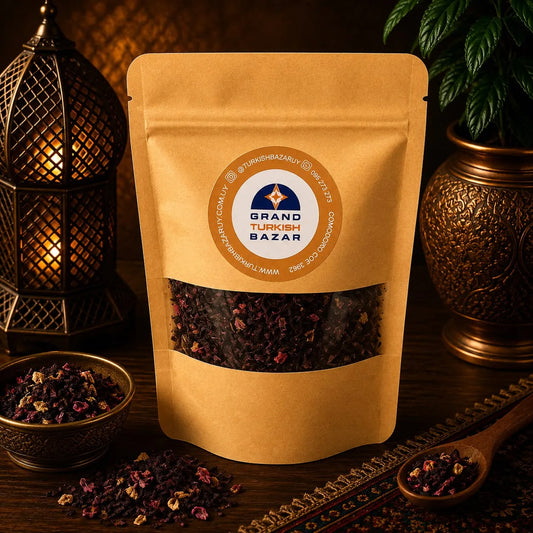 Blend de té turco Pamukale a granel en bolsa kraft con ventana, hojas e ingredientes visibles