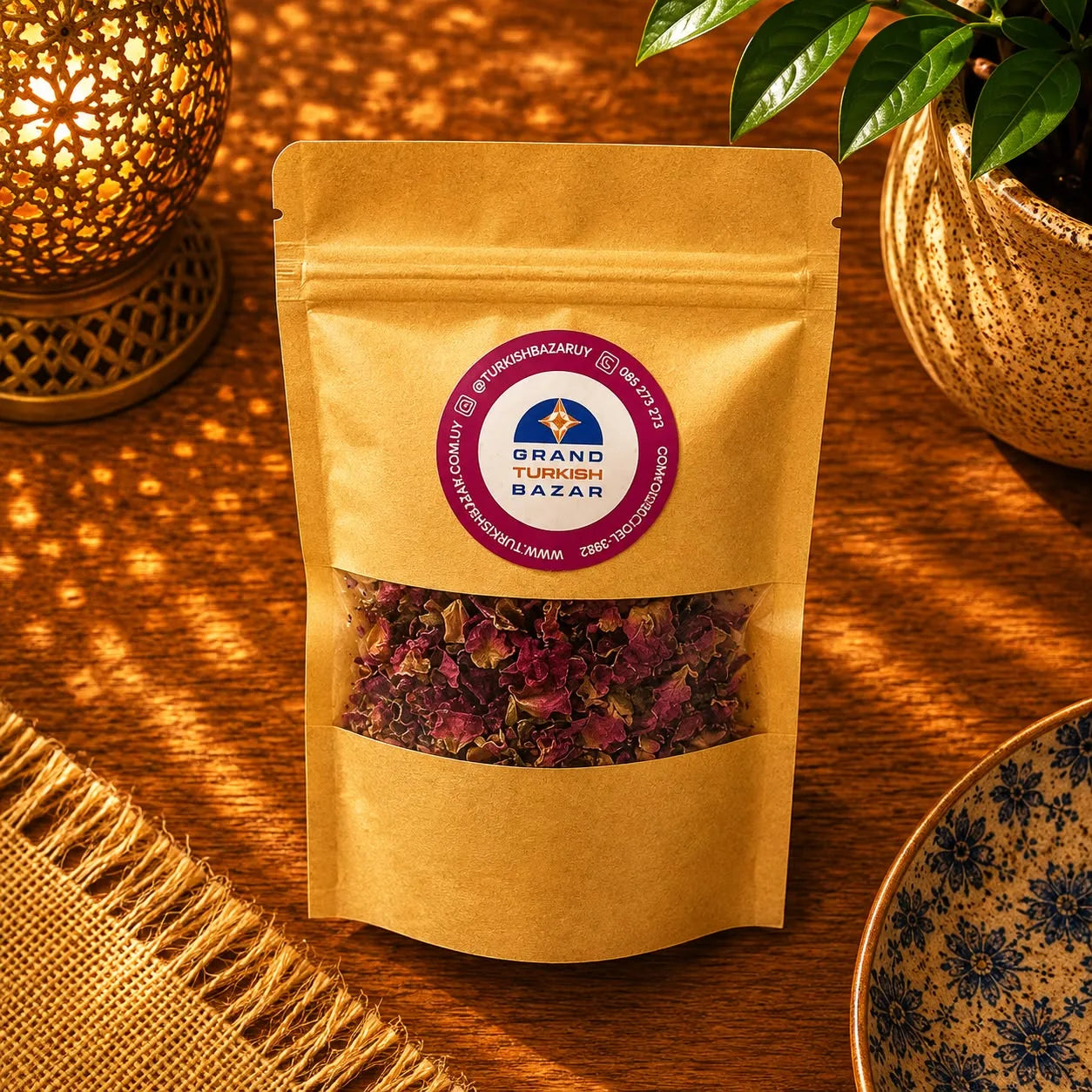 Blend de té turco Pure Rose a granel en bolsa kraft con ventana, hojas e ingredientes visibles