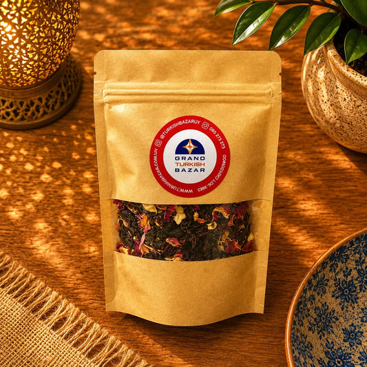 Blend de té turco Red Passion a granel en bolsa kraft con ventana, hojas e ingredientes visibles