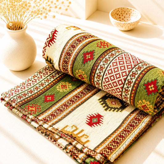 Mantón Bursa verde; Mantón Bursa verde con motivos textiles visibles y terminación decorativa