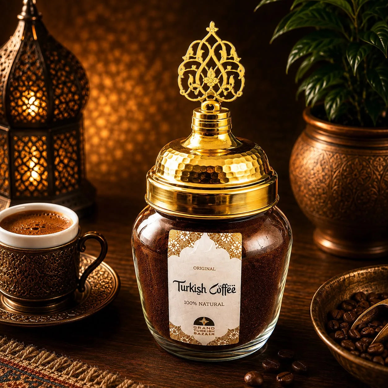 Café turco molido 100% Arábica en Frasco, 150 grs, junto a un cezve tradicional