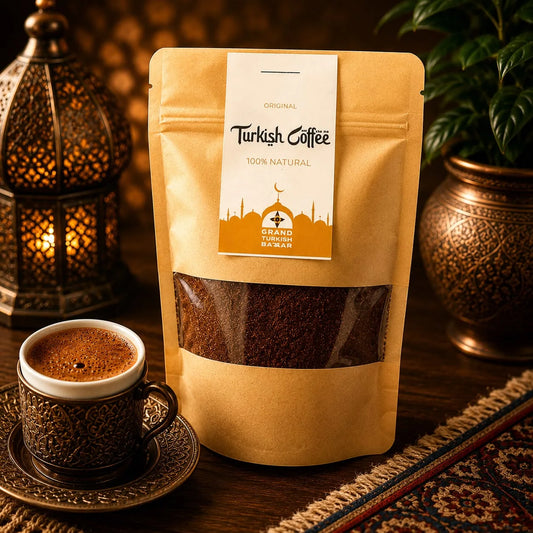 Café turco molido 100% Arábica en sobre, 200 grs, junto a un cezve tradicional