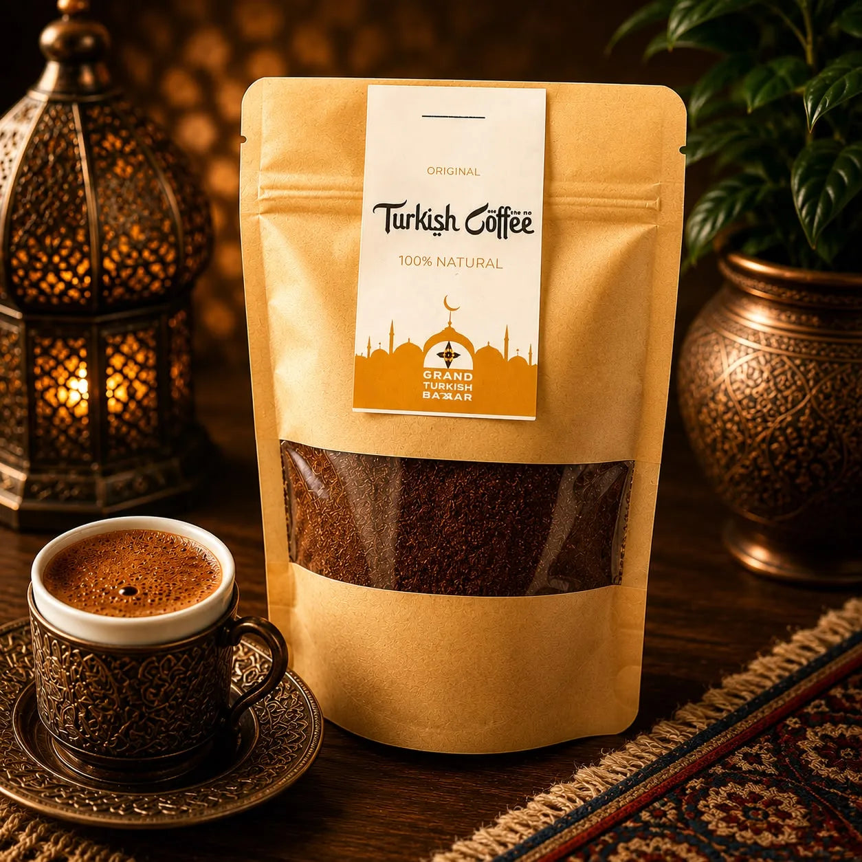 Café turco molido 100% Arábica en sobre, 50 grs, junto a un cezve tradicional