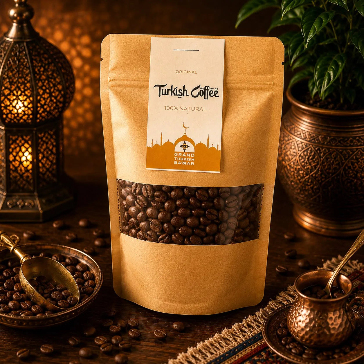 Café turco molido 100% Arábica en sobre granos, 50 grs, junto a un cezve tradicional