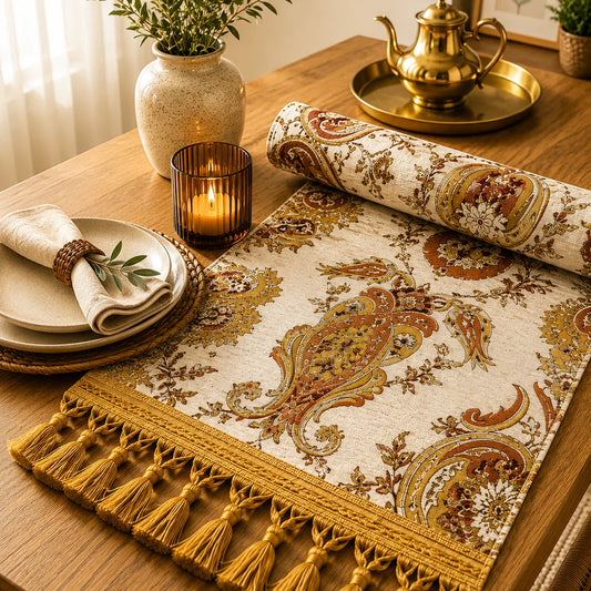 Camino de mesa turco con estampado paisley floral en terracota y dorado sobre fondo blanco marfil, rematado con borlas doradas en los extremos.