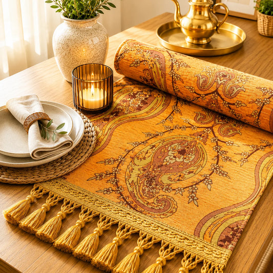 Camino de mesa turco con paisley floral en tonos marrón y crema sobre fondo naranja mostaza, con borlas doradas en las puntas.