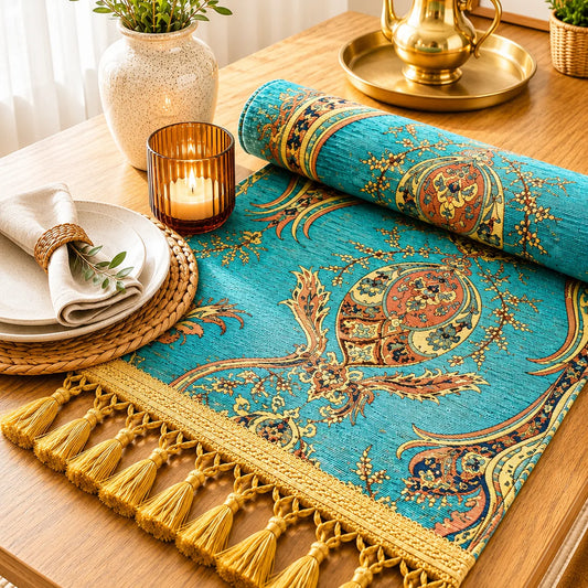 Camino de mesa turco con medallones paisley en terracota, dorado y azul marino sobre fondo turquesa, con borlas doradas en las puntas.