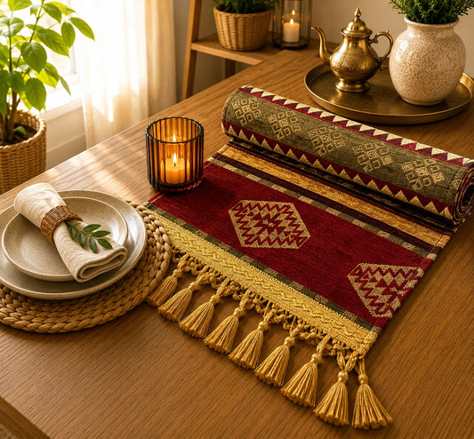 Camino de mesa turco de estilo kilim con rombos geométricos dorados sobre franjas bordó y verde oliva, bordeado de triángulos y borlas doradas.
