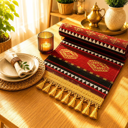Camino de mesa turco de estilo kilim con rombos geométricos dorados sobre franjas rojas y negras, bordeado de triángulos blancos y borlas doradas.