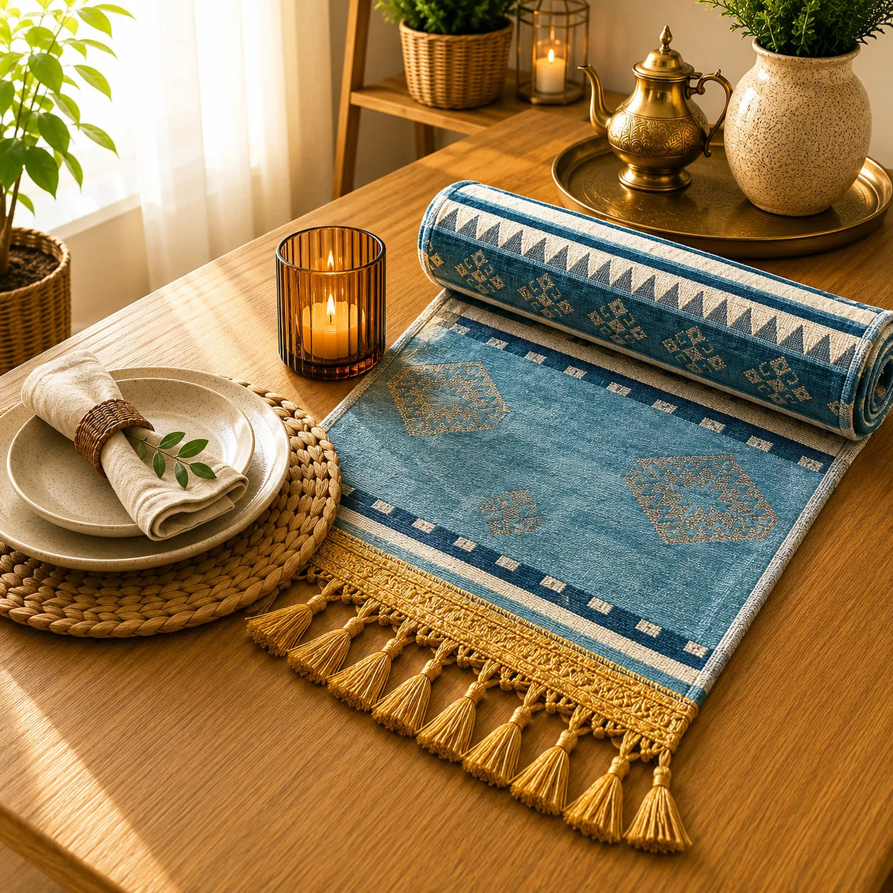 Camino de mesa turco de estilo kilim con rombos geométricos dorados sobre franjas celestes y turquesas, triángulos crema y borlas doradas.