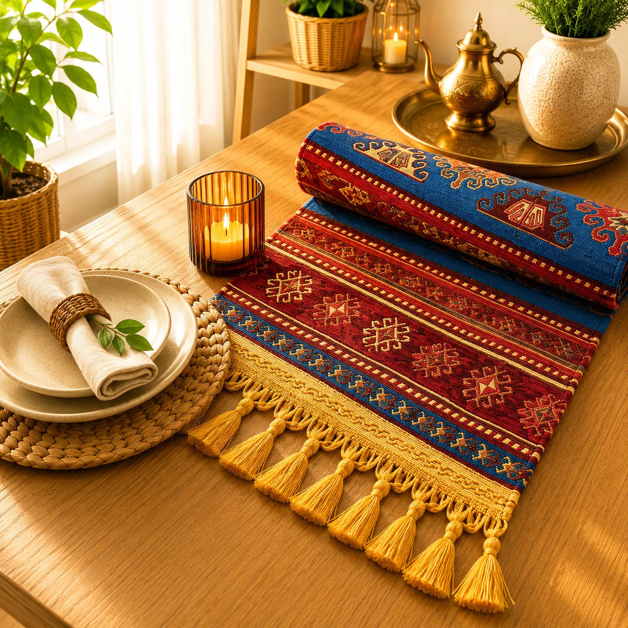 Camino de mesa turco de estilo kilim con símbolos étnicos dorados y rojos sobre franjas azules, rombos geométricos y borlas doradas en las puntas.