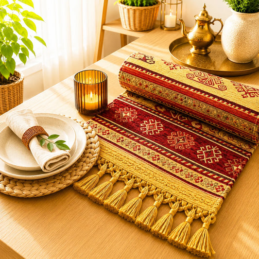 Camino de mesa turco de estilo kilim con rombos y estrellas geométricas en rojo sobre franjas doradas y bordó, con borlas doradas en los extremos.