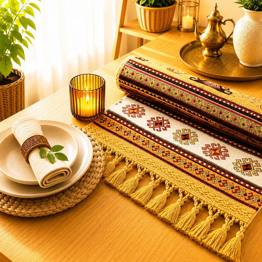 Camino de mesa turco de estilo kilim con rombos geométricos rojos y negros sobre franjas doradas y blancas, con borlas doradas en las puntas.