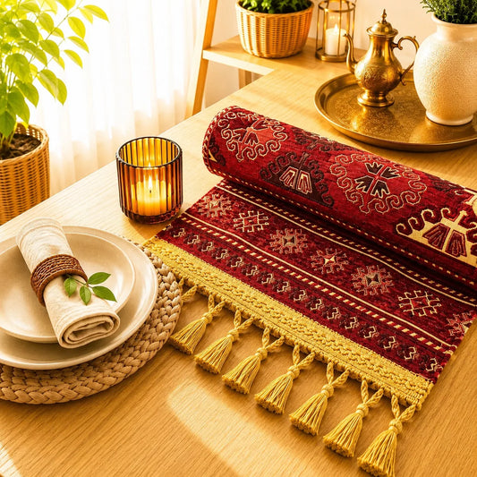 Camino de mesa turco de estilo kilim con símbolos étnicos dorados y motivos en forma de flecha sobre fondo rojo oscuro, con borlas doradas.