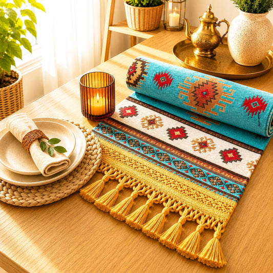 Camino de mesa turco de estilo kilim con rombos y estrellas geométricas en rojo, marrón y dorado sobre franjas turquesas y blancas, con borlas doradas.