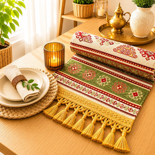 Camino de mesa turco de estilo kilim con rombos geométricos rojos y crema sobre fondo verde oliva, cenefa dorada y borlas doradas en las puntas.