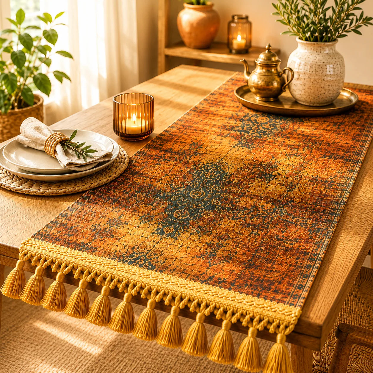 Camino de mesa turco con estampado abstracto en naranja y dorado con vetas azul petróleo, efecto envejecido tipo alfombra, flecos dorados.
