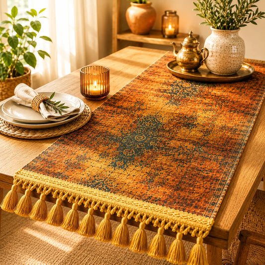 Camino de mesa turco con estampado abstracto en naranja y dorado con vetas azul petróleo, efecto envejecido tipo alfombra, flecos dorados.