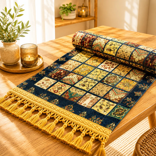 Camino de mesa turco con patchwork de pequeños motivos florales en crema, rojo y verde sobre fondo azul marino, flecos dorados.