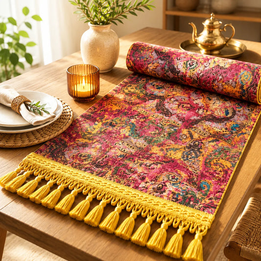 Camino de mesa turco con estampado abstracto multicolor en fucsia, dorado y verde azulado, tipo alfombra persa desteñida, flecos dorados.