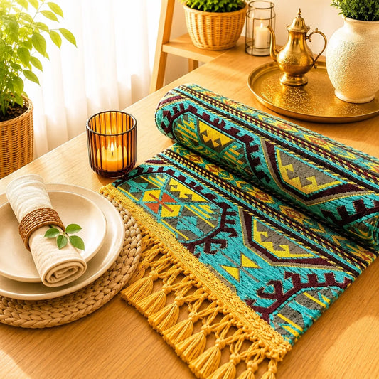 Camino de mesa turquesa con motivo geométrico estilo kilim en amarillo, granate y gris, bordado en relieve, con flecos de borlas doradas.