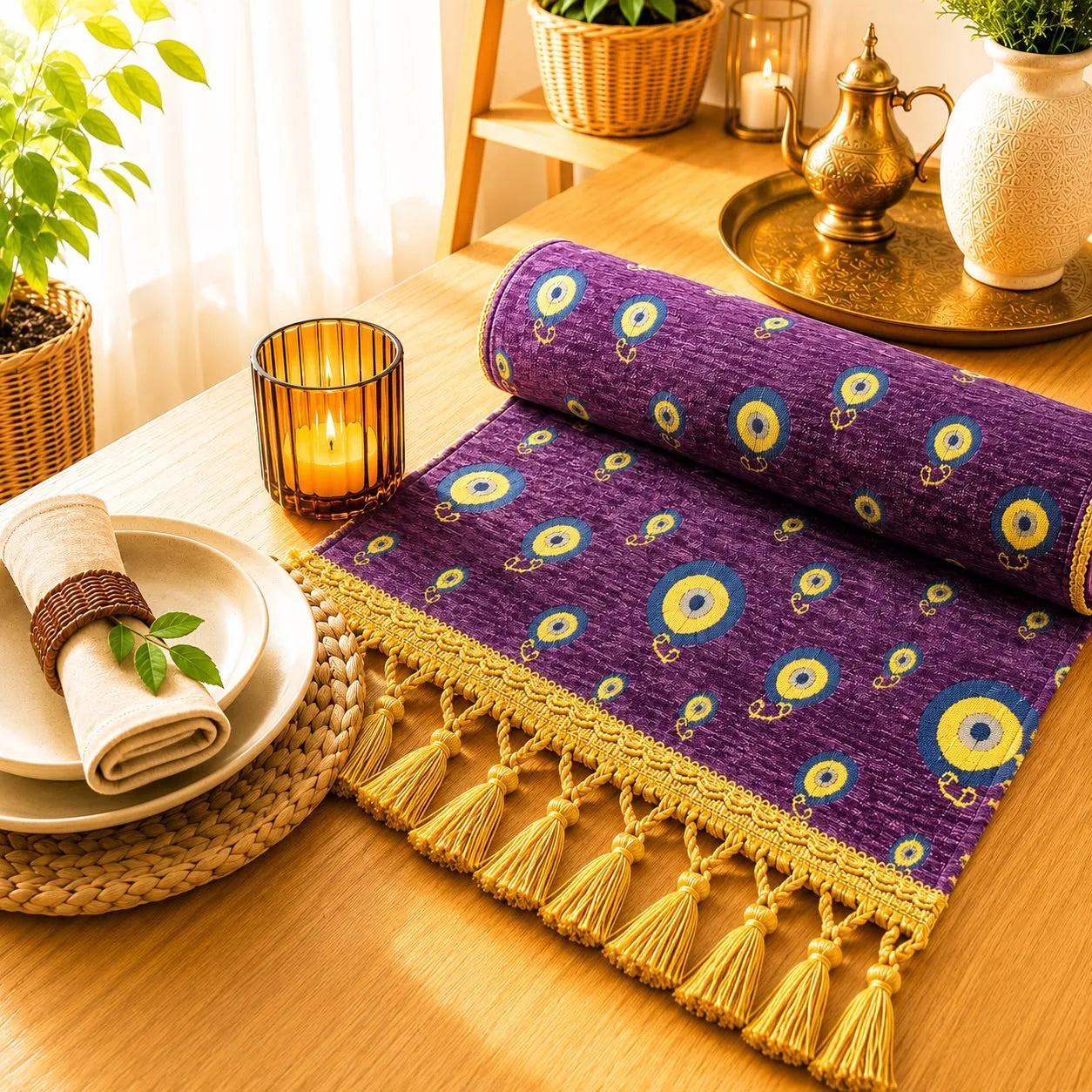 Camino de mesa con ojos turcos (nazar) en azul y amarillo repartidos sobre fondo violeta intenso, rematado con borlas doradas.