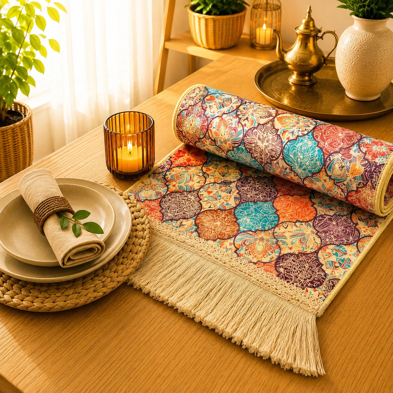 Camino de mesa con mosaico de azulejos en turquesa, naranja, púrpura y rojo sobre fondo marfil, con flecos color crudo.