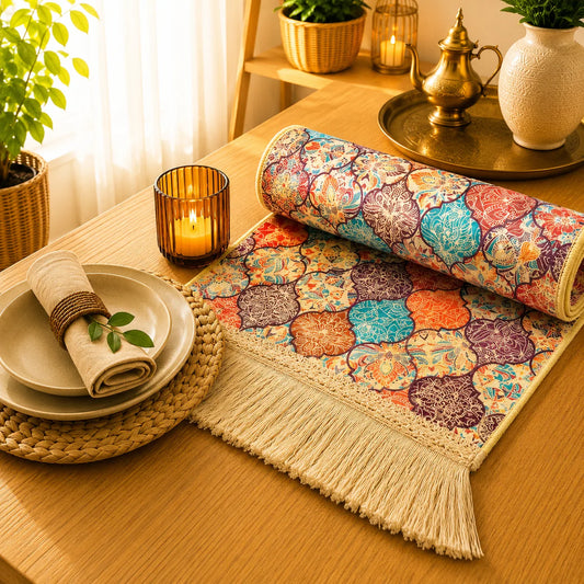 Camino de mesa con mosaico de azulejos en turquesa, naranja, púrpura y rojo sobre fondo marfil, con flecos color crudo.