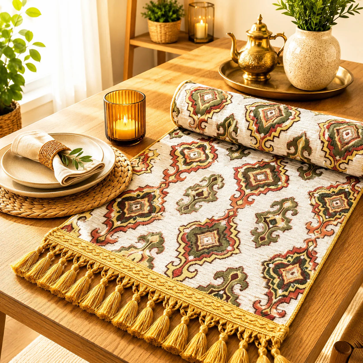 Camino de mesa con medallones geométricos estilo kilim en rojo, verde oliva y dorado sobre fondo marfil, con borlas doradas.