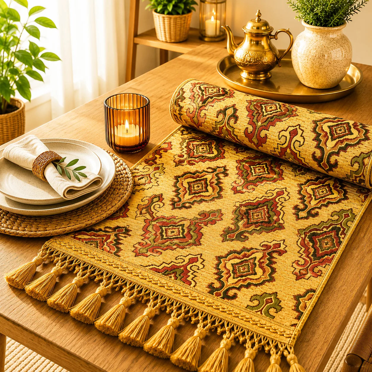 Camino de mesa con medallones geométricos estilo kilim en rojo, verde oliva y dorado sobre fondo mostaza, con borlas doradas.