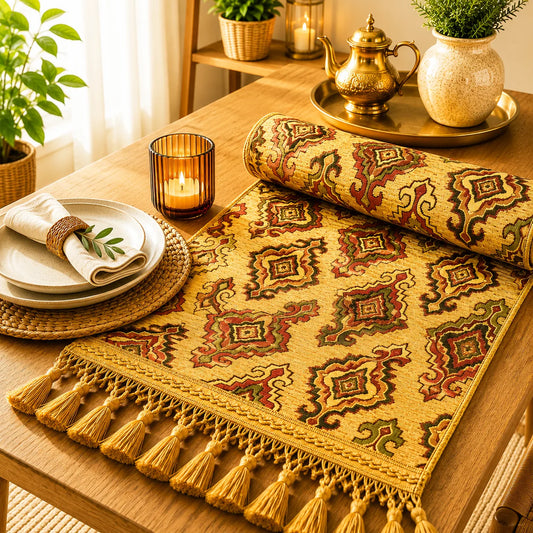 Camino de mesa con medallones geométricos estilo kilim en rojo, verde oliva y dorado sobre fondo mostaza, con borlas doradas.