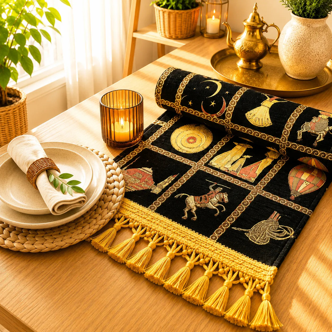 Camino de mesa turco negro con paneles bordados en dorado y rojizo que representan escenas otomanas en miniatura —jinete, camello, minarete y globo aerostático—, rematado con borlas doradas.