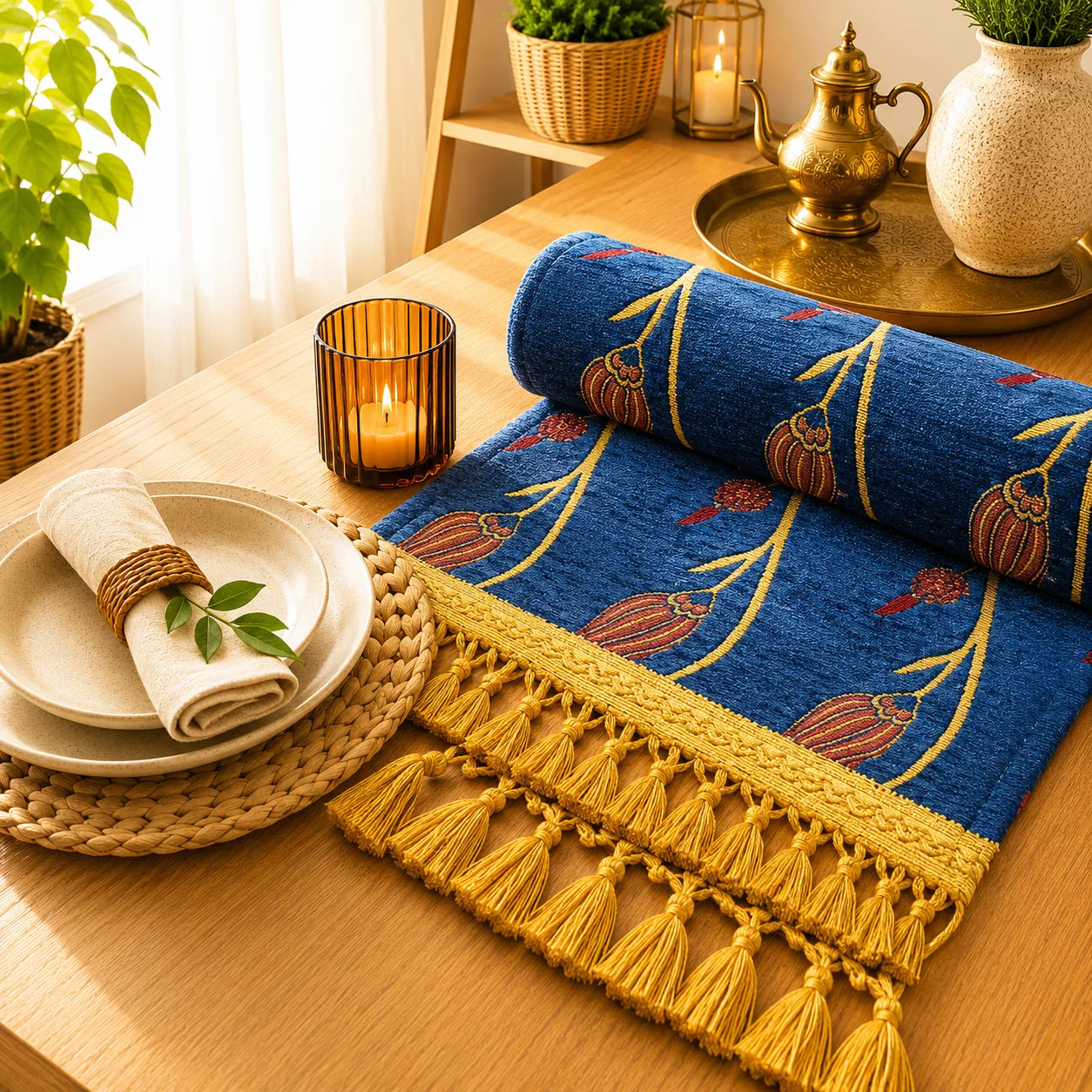 Camino de mesa azul con tulipanes rojizos colgando de tallos dorados, bordados en relieve, y flecos de borlas doradas en los extremos.