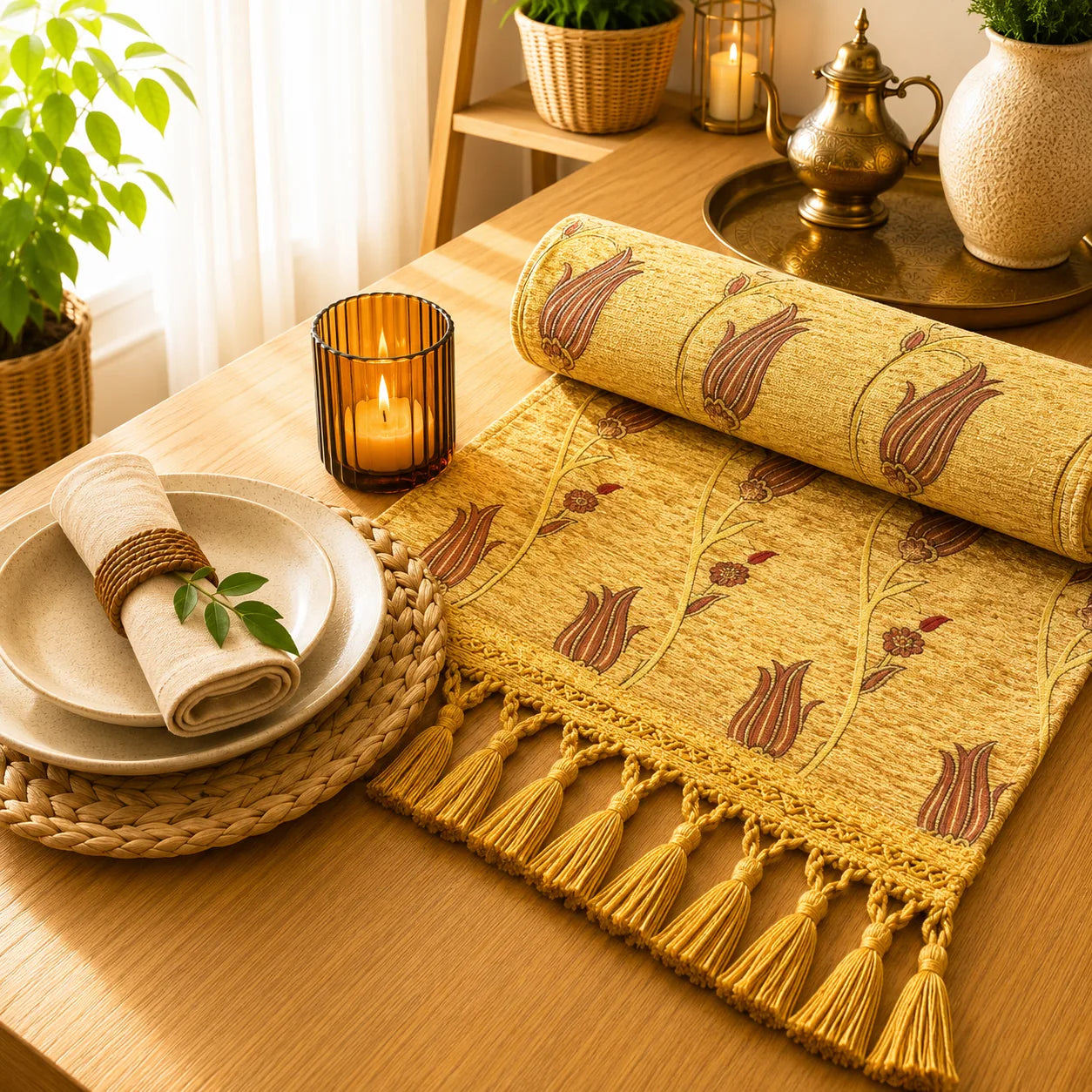 Camino de mesa dorado con tulipanes granate erguidos entre ramas doradas y pequeñas flores rojas, bordado en relieve con borlas a tono.